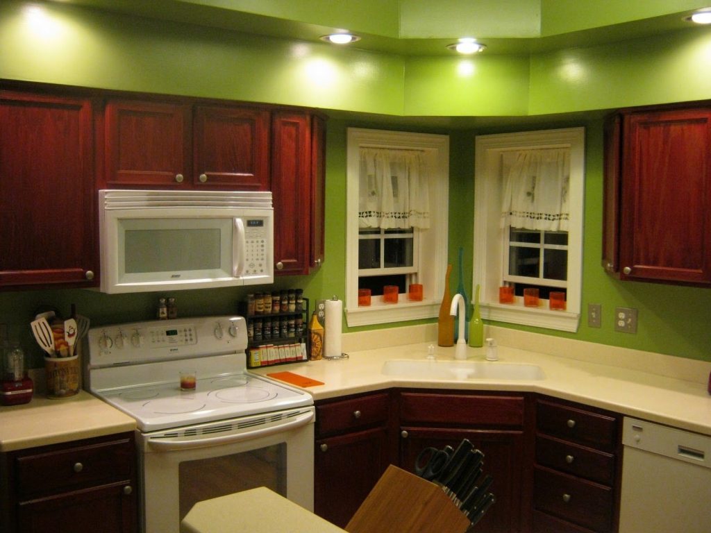 Cherry Kitchen Cabinets Wall Color in Green
