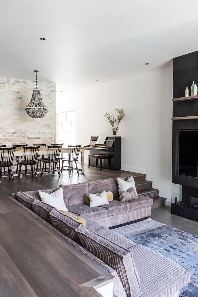 raising sunken living room with fireplace